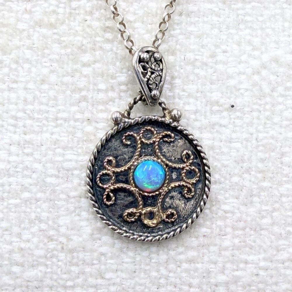 Sterling Silver 14K Gold Opal Pendant Necklace 16" Signed Artisan Round Filigree